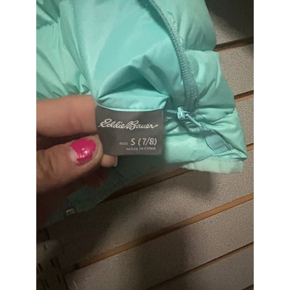 Eddie Bauer Kids Reversible Down Puffer Jacket Aqua Mint Floral Size S 7/8